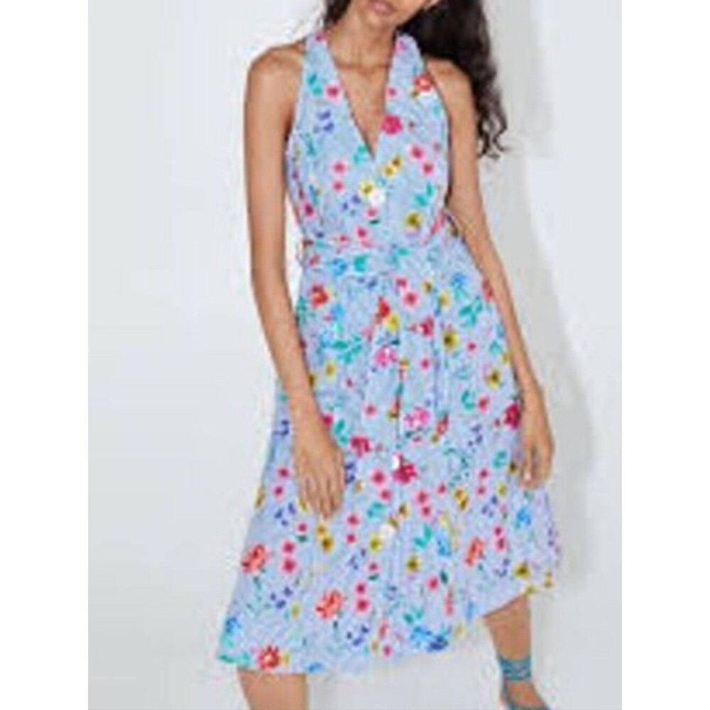 Zara Blue & White Striped Button Down Midi Dress With Flowers, L